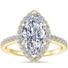 Anillo de compromiso clásico con diamante de talla marquesa y halo en oro amarillo de 14 k